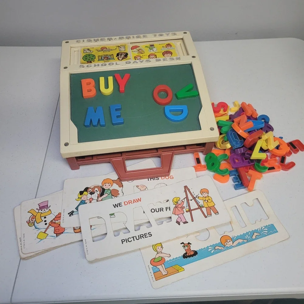 Vintage Fisher Price School Days Desk Chalk Magnetic Letters Stencils 1972